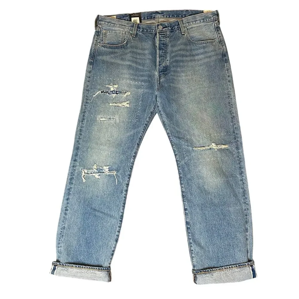 Levi's Selvedge 501 Blue Jean Turquoise Rivet Distressed Mens 40 x 32 Straight